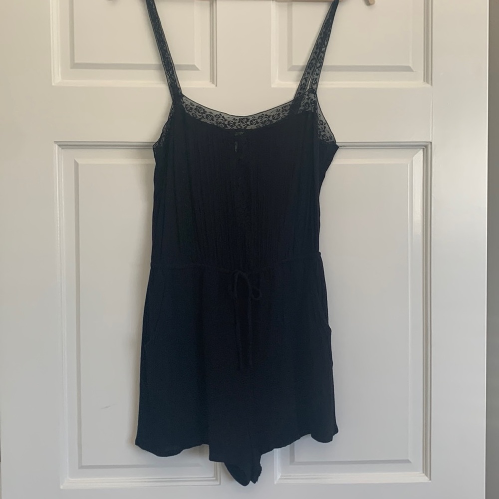 Black lace trim romper